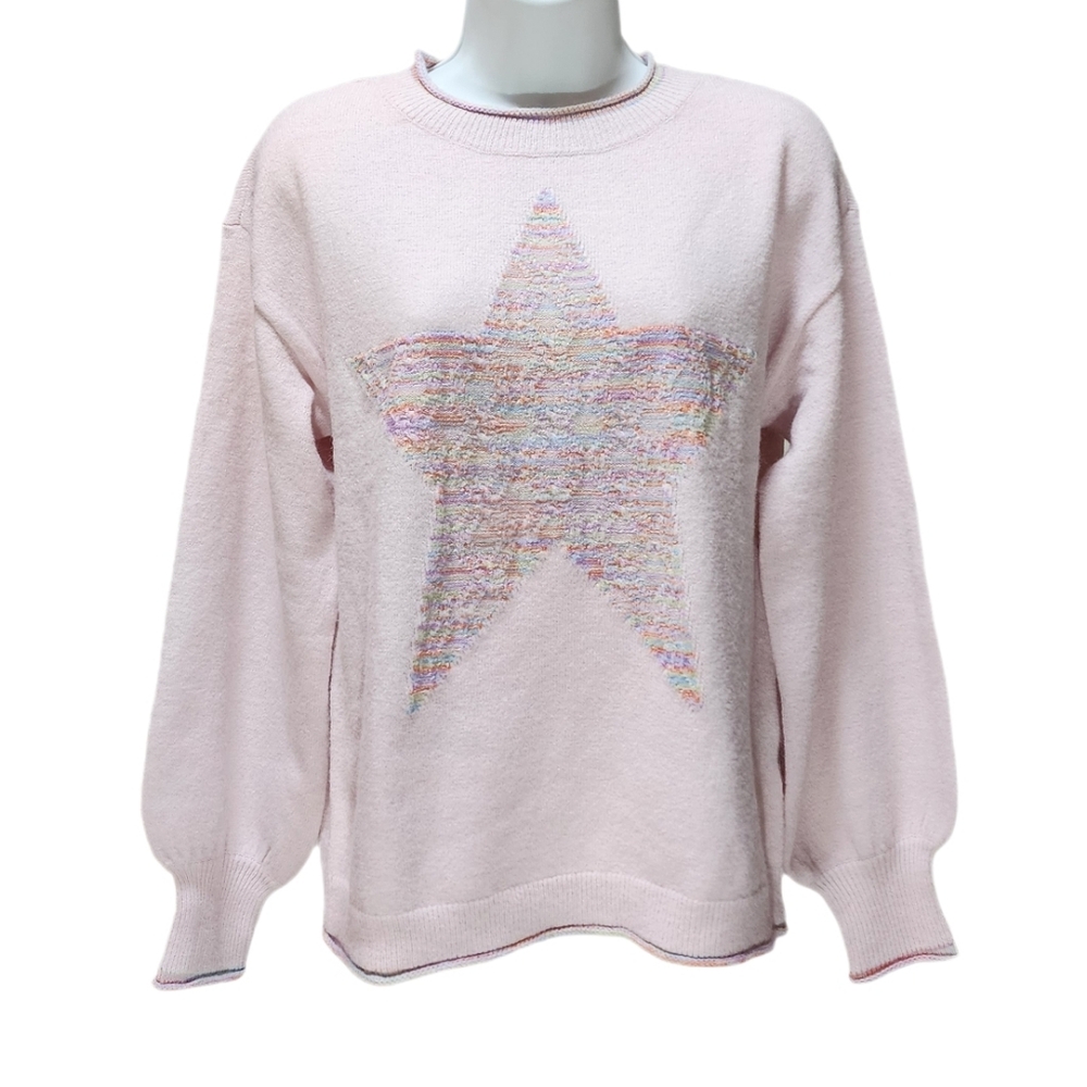 Democracy Space Dye Star Knit Sweater Crew Neck Long Blouson Sleeve Pink S
